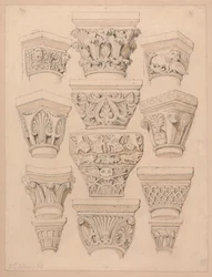 Fővárosok a St. Georges de Boscherville -i apátsági templomban, Rouen közelében, Normandia